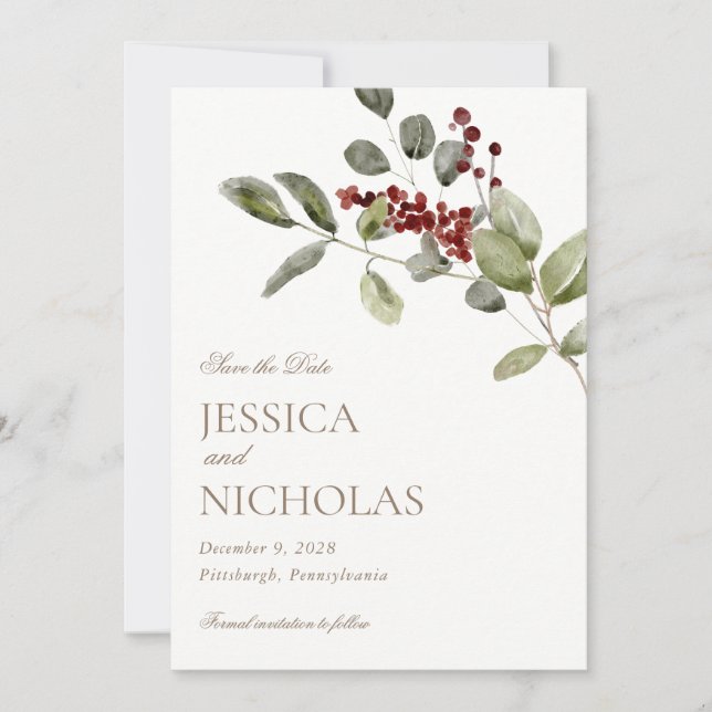 Convites Elegante Winter Holly Wedding Salvar Data (Frente)
