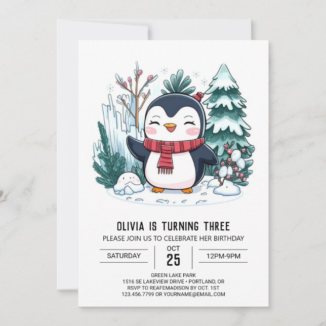 Convites Elegante Winter Penguin Digital Birthday (Frente)