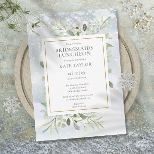Convites Elegante Winter Snow Greenery Bridesmaids Luncheon