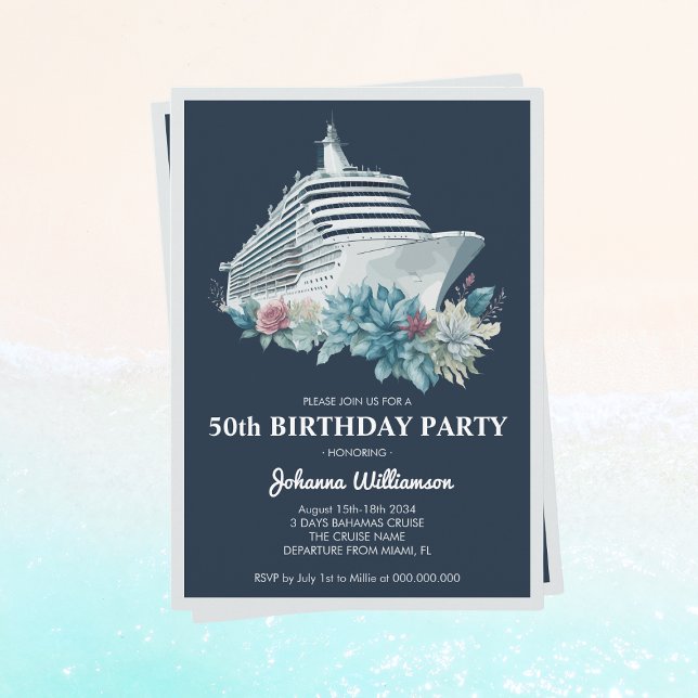Convites Elegante Women 50th Festa de aniversário Cruise Sh (Elegant Women 50th Birthday Party Cruise Ship Trip Invitation
)