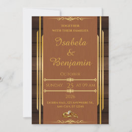 Convites Elegante Wood & Dourado Invitation - Rustic Ch