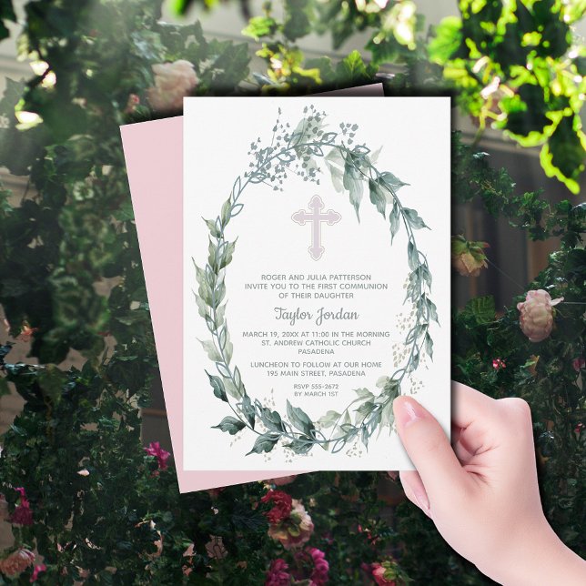 Convites Elegante Wreath Pink Cross First Communtion (Elegant Wreath Pink Cross First Communion Invitations)
