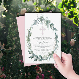 Convites Elegante Wreath Pink Cross First Communtion