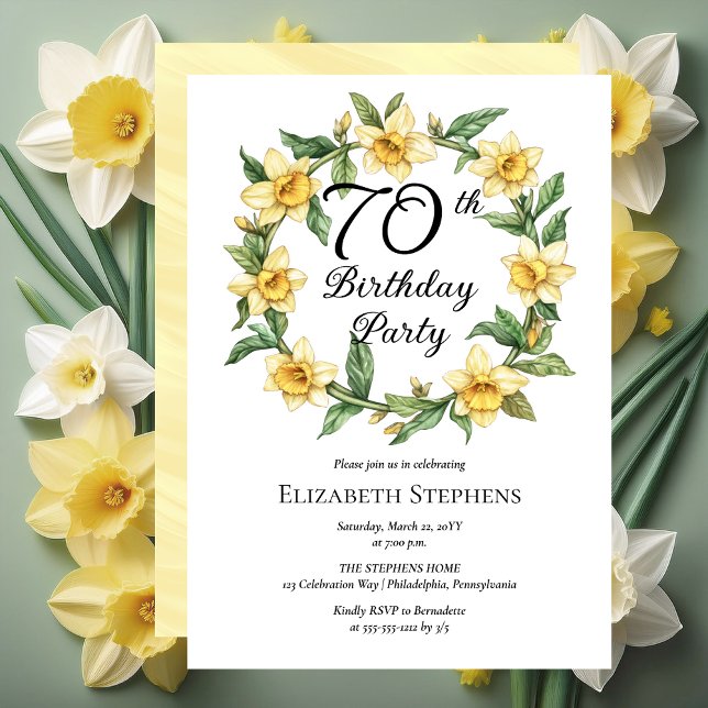 Convites Elegante Yellow Daffodils Floral 70 Birthday (Elegant Yellow Daffodils Floral 70th Birthday Party Invitation -- Print | Download)