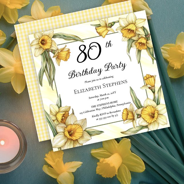 Convites Elegante Yellow Daffodils Floral 80 Birthday (Elegant Yellow Daffodils Floral 80th Birthday Party Invitation -- Print | Download)