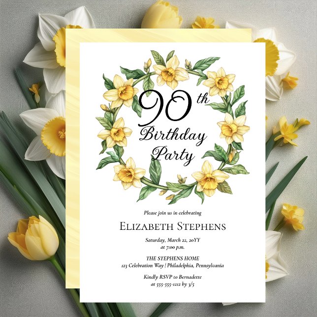 Convites Elegante Yellow Daffodils Floral 90 Birthday (Elegant Yellow Daffodils Floral 90th Birthday Party Invitation -- Print | Download)