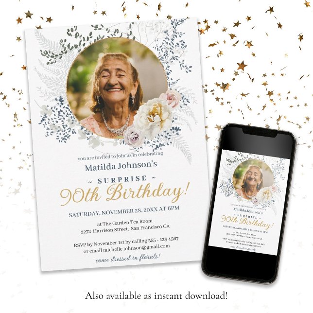 Convites Elegante Yellow Floral Photo Surprise 90 Birthday (Surprise 90th Birthday Elegant Yellow Floral Photo Invitation)