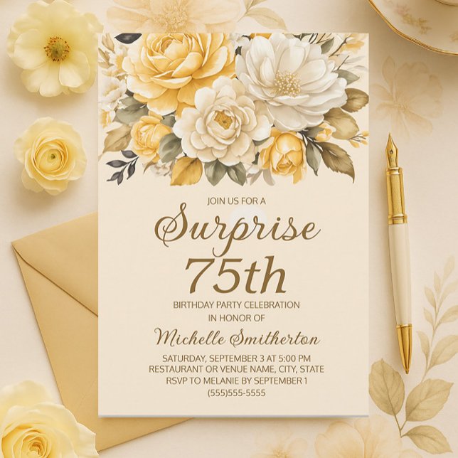 Convites Elegante Yellow Ivory Cream Floral Surpresa (Elegant yellow and cream-colored watercolor floral surprise 75th birthday party invitation)
