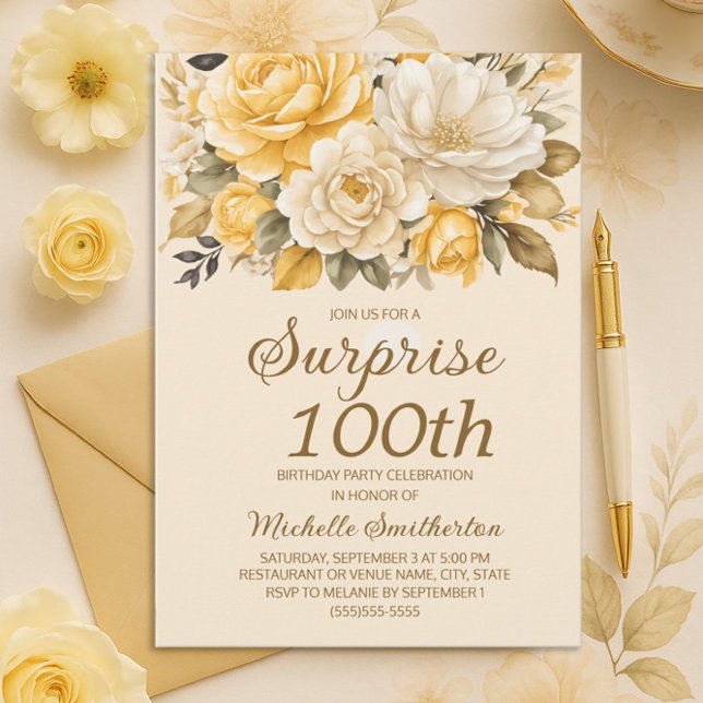Convites Elegante Yellow Ivory Cream Floral Surpresa 100th (Yellow and cream floral 100th birthday party invitation)