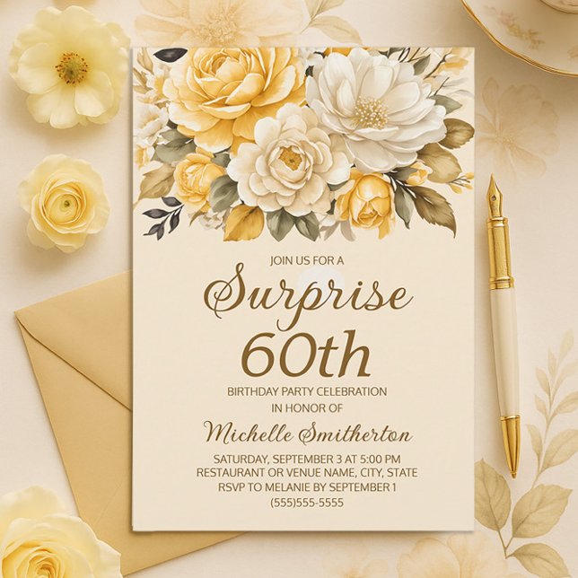 Convites Elegante Yellow Ivory Cream Floral Surpresa 60º (Yellow and cream watercolor floral 60th birthday party invitation)