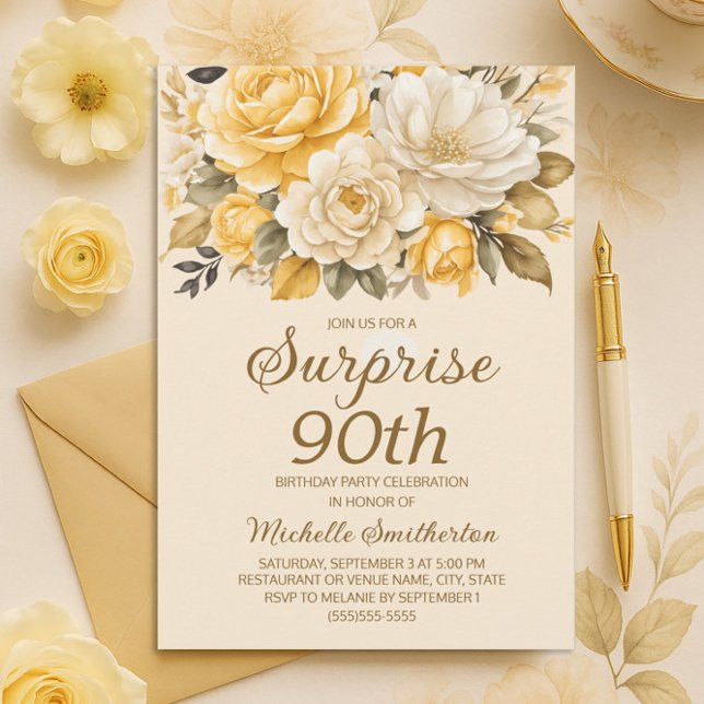 Convites Elegante Yellow Ivory Cream Floral Surprise 90 (Yellow and cream floral 90th birthday invitation)