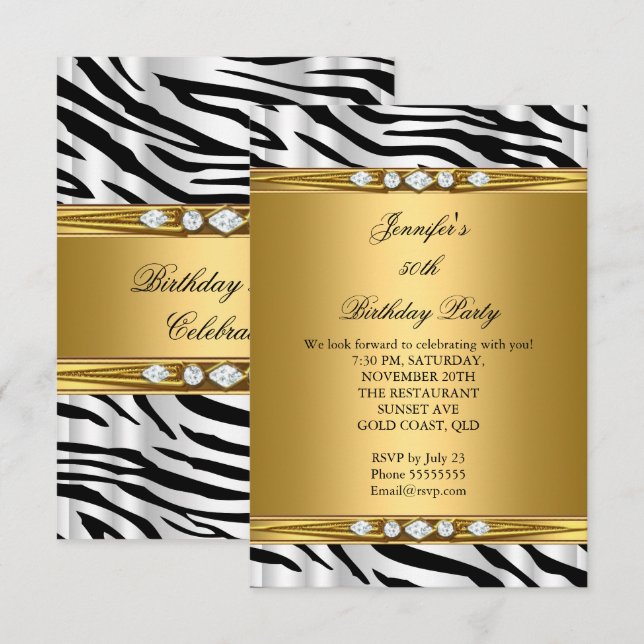 Convites Elegante Zebra Dourado Preto Prateado Diamante Ani (Frente/Verso)