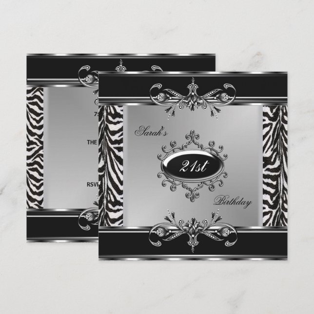 Convites Elegante Zebra Preto Branco Prata Aniversário de 2 (Frente/Verso)