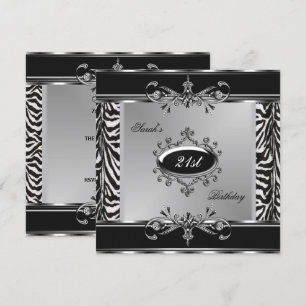 Convites Elegante Zebra Preto Branco Prata Aniversário de 2