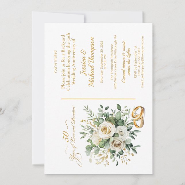 Convites Elegantes Anéis de Ouro com Rosas Brancas de 50º A (Frente)