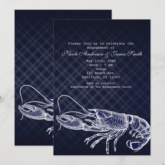 Convites Elegantes Azul-Navy Lagosta Vintage (Frente/Verso)