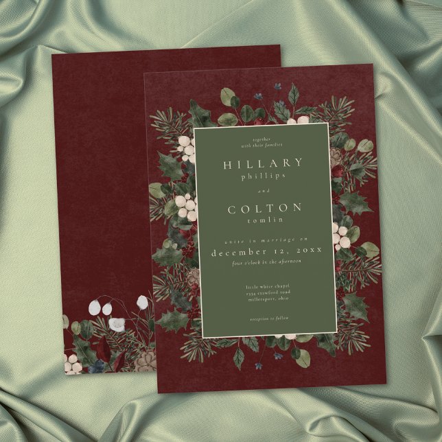 Convites Elegantes Bagas de Inverno & Casamento Borgonha de (Elegant Winter Berries & Pine Burgundy Wedding Invitation)