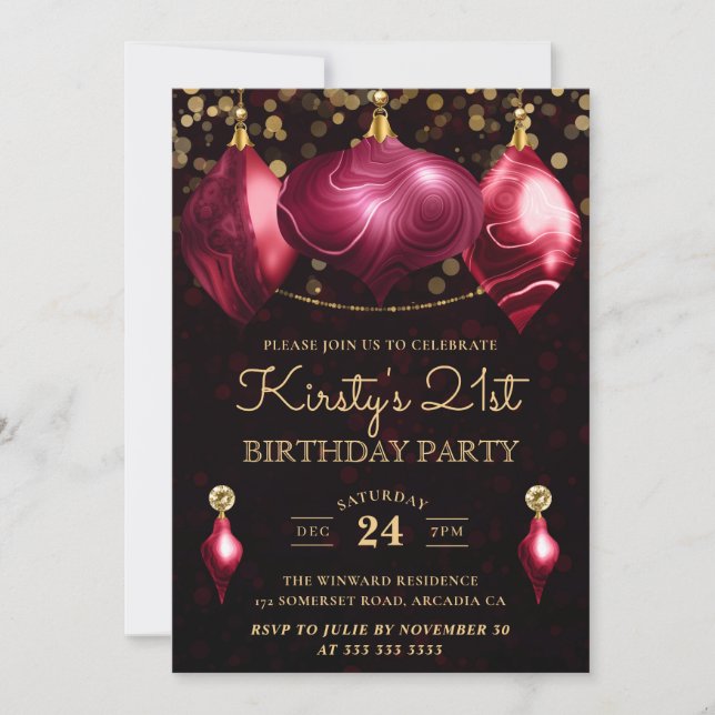 Convites Elegantes Bolas de Ágata Borgonha para Aniversário (Frente)