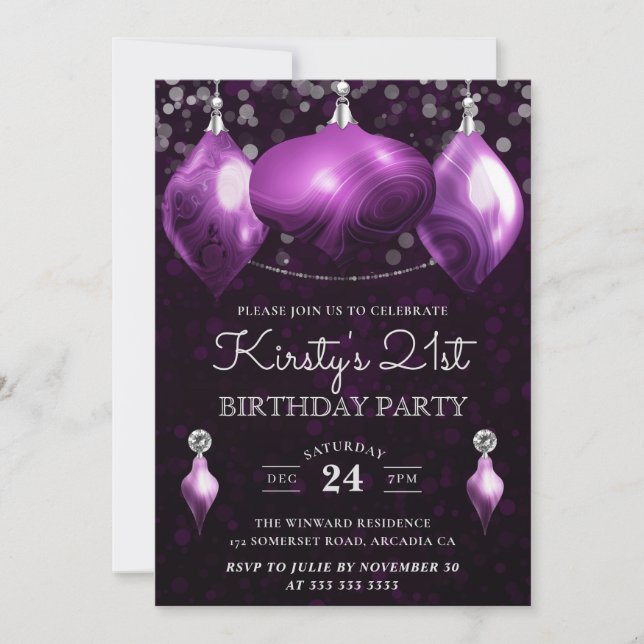 Convites Elegantes Bolas de Ágata Roxa para 21º Aniversário (Frente)