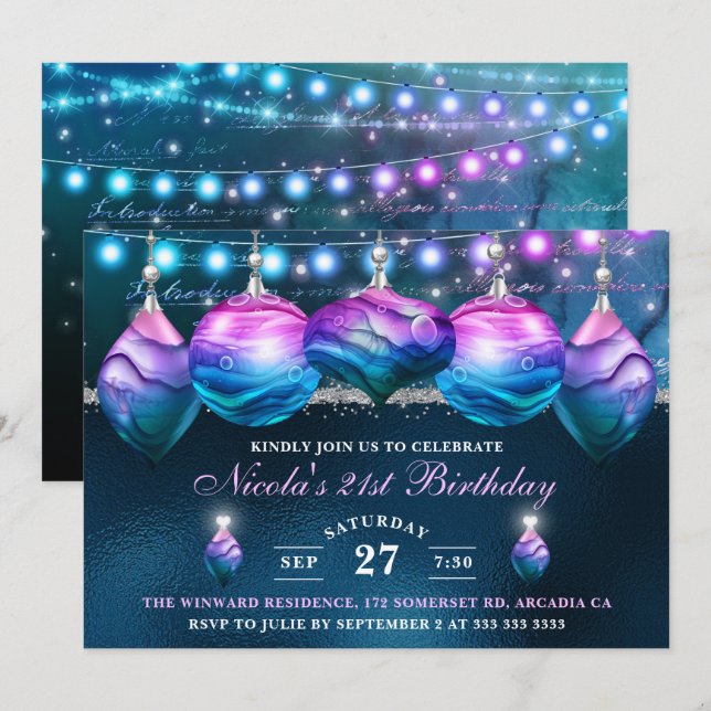Convites Elegantes Bolas de Natal de Sereia Azul e Roxo par (Frente/Verso)