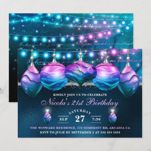 Convites Elegantes Bolas de Natal de Sereia Azul e Roxo par