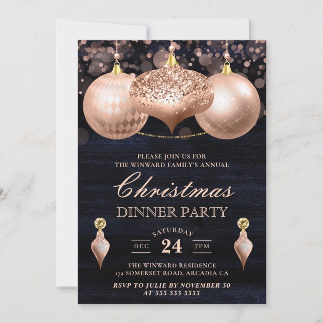 Convites Elegantes Bolas de Natal em Rosa Dourado para Jant (Frente)