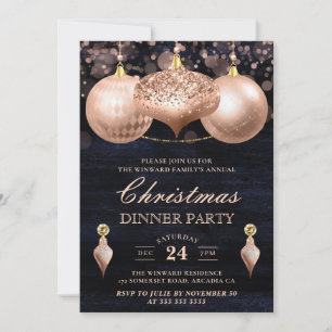 Convites Elegantes Bolas de Natal em Rosa Dourado para Jant