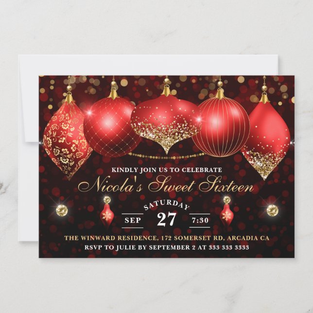 Convites Elegantes Bolas de Natal Vermelhas e Douradas Swee (Frente)