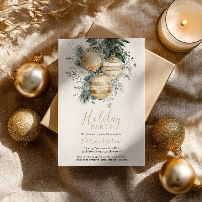 Convites Elegantes Bolas Douradas de Verde Natal Festa (Elegant Chic Gold Baubles Greenery Christmas Party Invitation)
