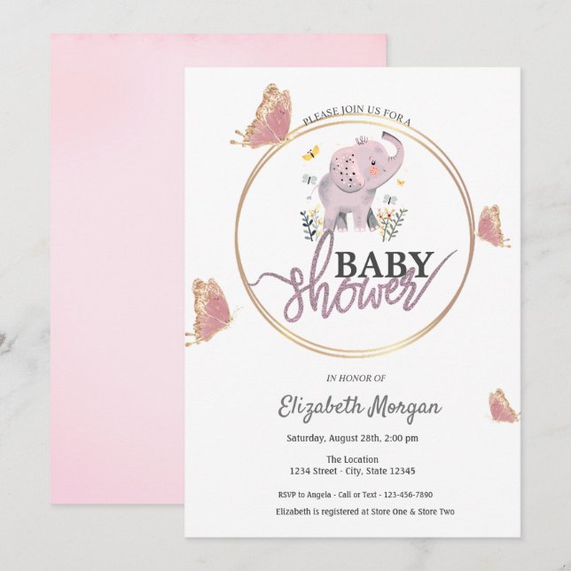 Convites Elegantes Borboletas Elefante Rosa Chás de Bebê   (Frente/Verso)
