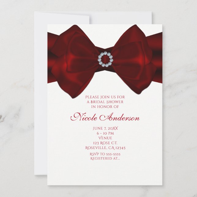 Convites Elegantes Brilho Fita Vermelha & Diamante (Frente)