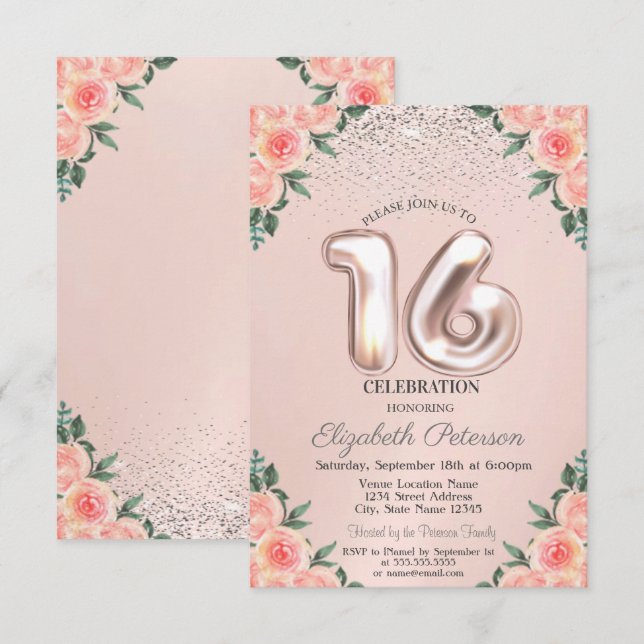 Convites Elegantes Confetes Modernos Flores Sweet 16 (Frente/Verso)