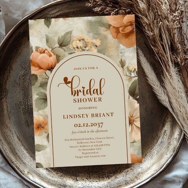 Convites Elegantes Cores Neutras Boho Marfim Floral Salguei (Boho Terracotta Floral Sage Greenery Bridal Shower Invitation)