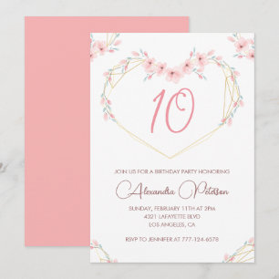 Convites elegantes de 10º aniversário Floral Rosa