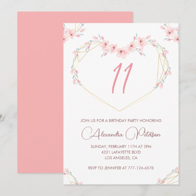Convites elegantes de 11º aniversário Floral Rosa (Frente/Verso)