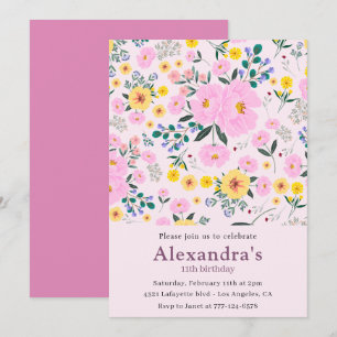 Convites elegantes de 11º aniversário Rosa Floral 