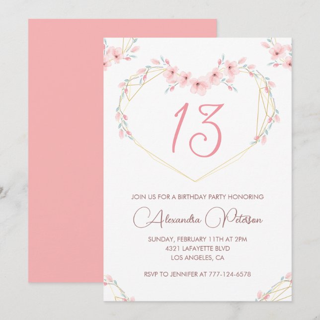 Convites elegantes de 13º aniversário Floral Rosa (Frente/Verso)