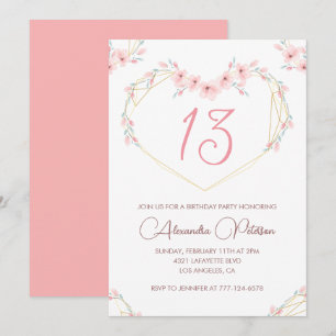 Convites elegantes de 13º aniversário Floral Rosa