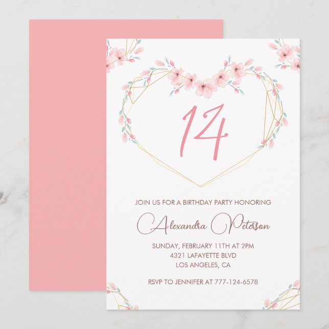 Convites elegantes de 14º aniversário Floral Rosa (Frente/Verso)
