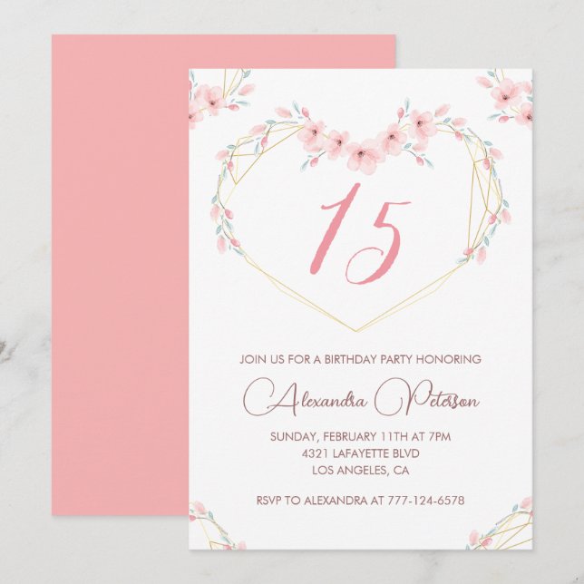 Convites elegantes de 15 anos Floral Rosa (Frente/Verso)