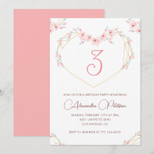 Convites elegantes de 3º aniversário Floral Rosa
