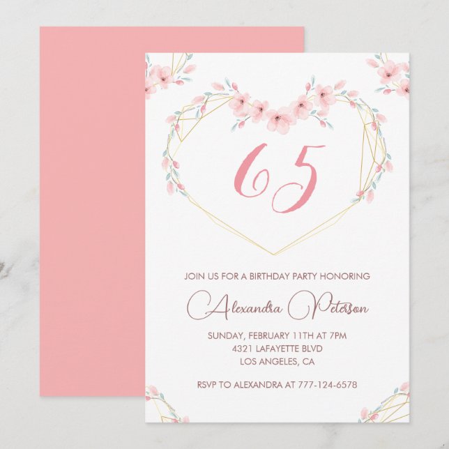 Convites elegantes de 65º aniversário Floral Rosa  (Frente/Verso)