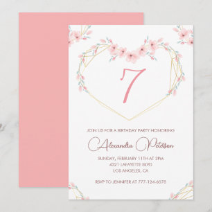Convites elegantes de 7º aniversário Floral Rosa