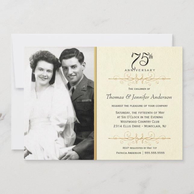 Convites Elegantes de 75º Aniversário com Foto (Frente)