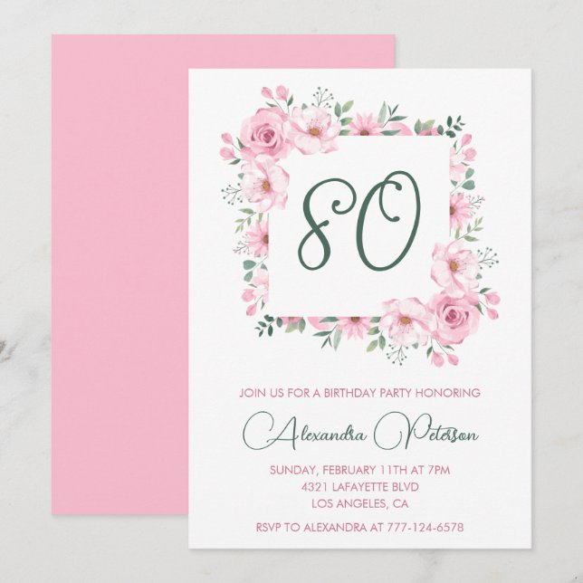 Convites elegantes de 80º aniversário Floral Rosa (Frente/Verso)
