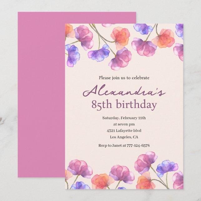 Convites elegantes de 85º aniversário Boho Floral  (Frente/Verso)