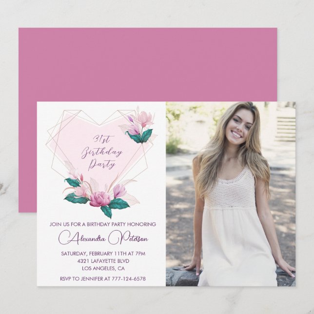 Convites elegantes de aniversário de 31 anos Flora (Frente/Verso)