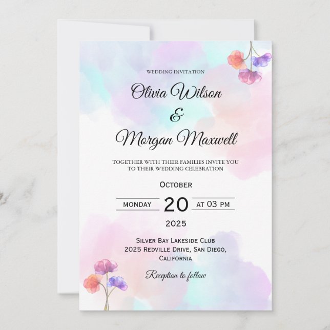 Convites Elegantes de Casamento Rosa e Azul (Frente)