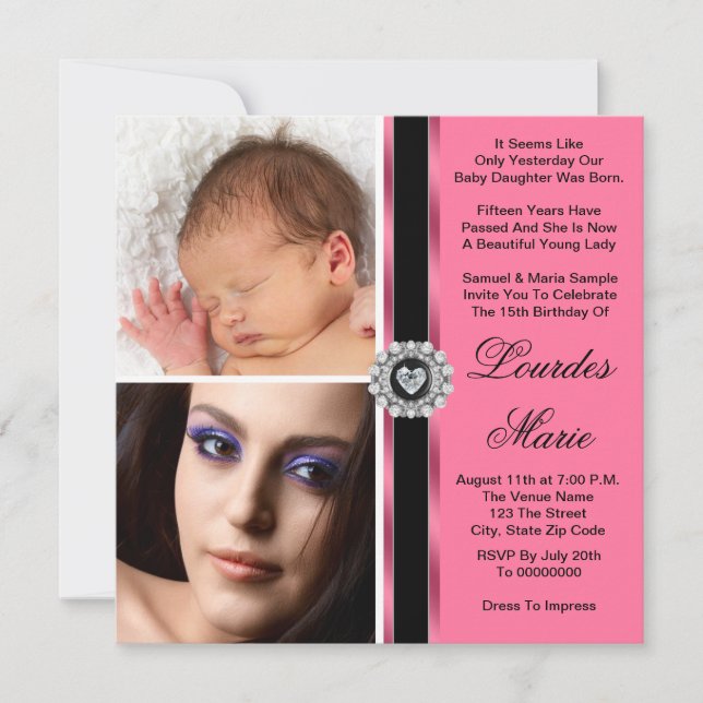 Convites Elegantes de Quinceanera com Foto Dupla R (Frente)