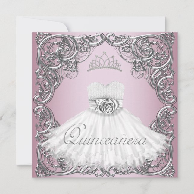Convites Elegantes de Quinceanera Rosa e Prata (Frente)